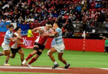 白熱のカナダセブンズ開幕!初の男女同時開催、日本男女代表も参戦! 2020年カナダセブンズ、日本対アルゼンチン。2020年3月、BCプレース。Photo by Saito Koichi