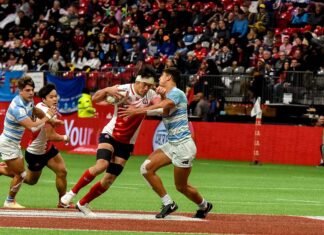 白熱のカナダセブンズ開幕!初の男女同時開催、日本男女代表も参戦! 2020年カナダセブンズ、日本対アルゼンチン。2020年3月、BCプレース。Photo by Saito Koichi