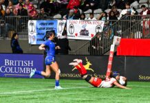 ラグビーセブンズ日本代表女子、バンクーバーで初勝利! 圧倒したコロンビア戦。2023年3月4日、BCプレース。Photo by Koichi Saito/Japan Canada Today