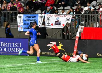 ラグビーセブンズ日本代表女子、バンクーバーで初勝利! 圧倒したコロンビア戦。2023年3月4日、BCプレース。Photo by Koichi Saito/Japan Canada Today