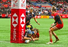 7人制ラグビー世界大会カナダセブンズ2024、女子日本代表が今年も参加 カナダセブンズ、9位決定戦、日本対スペイン。平野のトライが決まる。2023年3月5日、BCプレース。Photo by Saito Koichi/Japan Canada Today