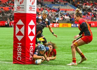 カナダセブンズ、日本女子代表はベスト8に一歩届かず カナダセブンズ、9位決定戦、日本対スペイン。平野のトライが決まる。2023年3月5日、BCプレース。Photo by Saito Koichi/Japan Canada Today