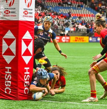 カナダセブンズ、日本女子代表はベスト8に一歩届かず カナダセブンズ、9位決定戦、日本対スペイン。平野のトライが決まる。2023年3月5日、BCプレース。Photo by Saito Koichi/Japan Canada Today