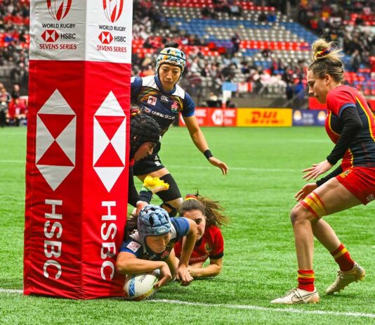 カナダセブンズ、日本女子代表はベスト8に一歩届かず カナダセブンズ、9位決定戦、日本対スペイン。平野のトライが決まる。2023年3月5日、BCプレース。Photo by Saito Koichi/Japan Canada Today