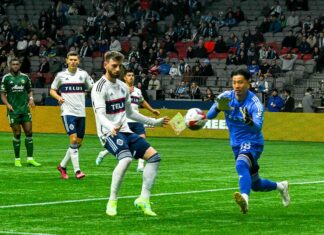 キャップス2連勝、GK高丘2試合連続無失点「個人としてもチームとしても大きい」 ネット前でGK高丘。2023年4月8日、BCプレース。Photo by Koichi Saito/Japan Canada Today