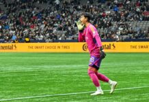 GK高丘、ホワイトキャップスで今季MLS初勝利! GK高丘、この日はホームで初めてピンクのユニフォームで試合に。CFモントリオール戦。2023年4月1日、BCプレース。Photo by Koichi