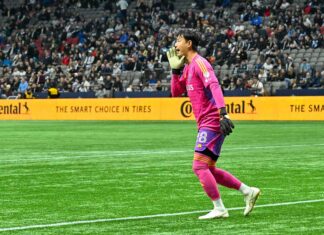 GK高丘、ホワイトキャップスで今季MLS初勝利! GK高丘、この日はホームで初めてピンクのユニフォームで試合に。CFモントリオール戦。2023年4月1日、BCプレース。Photo by Koichi