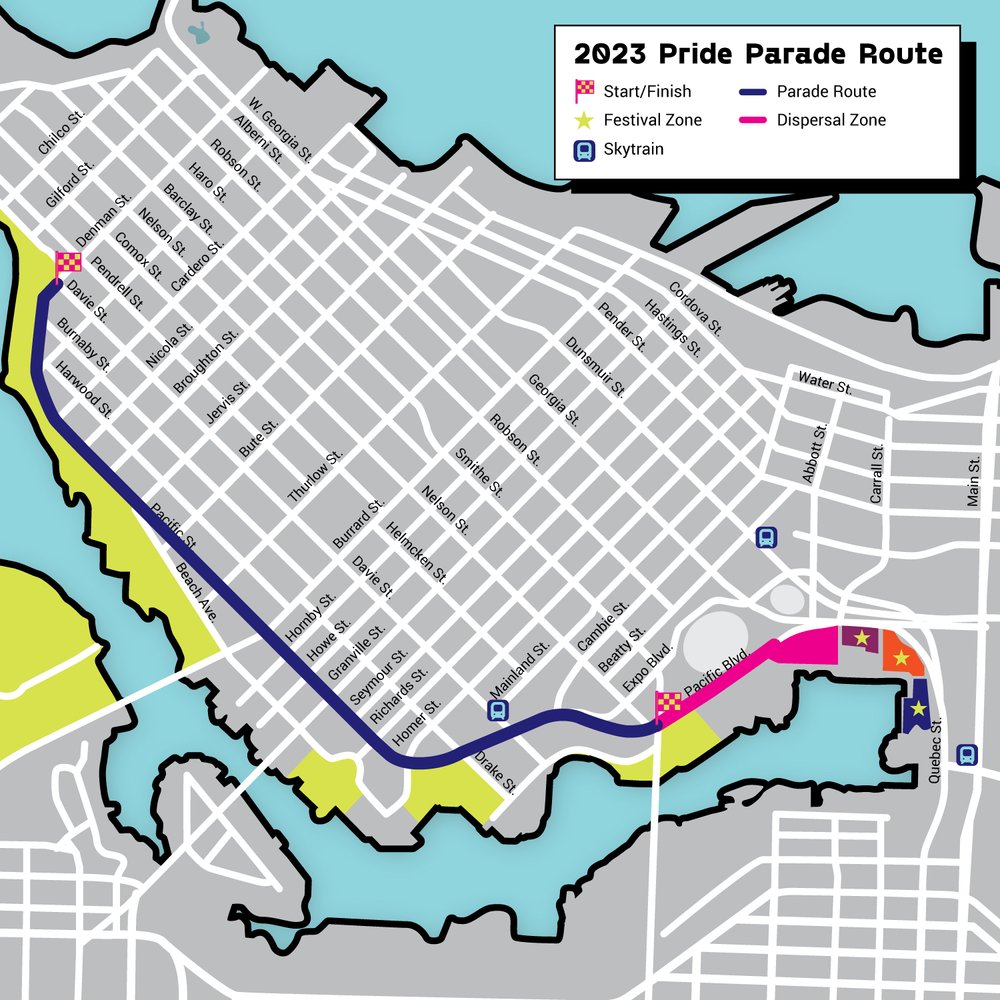 2023年に開催されるバンクーバー・プライドパレードの新ルート。Image from Vancouver Pride society