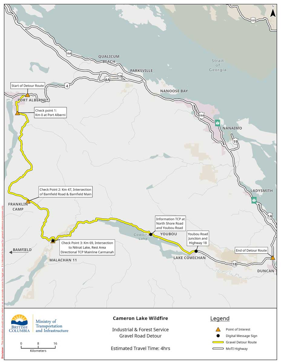 BC Highway 4 - Cameron Lake Bluffs山火事により迂回地図。Photo from B.C. Ministry of Transportation and Infrastructure flickr