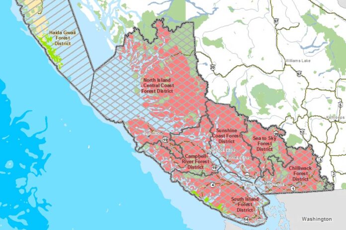赤色で記された地域が、キャンプファイヤーが禁止となった地域。Map from BC government website