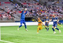 ホワイトキャップス、メキシコのリーグ覇者にPK戦の接戦に ティグレスの攻撃を止めるGK高丘。リーグスカップ2023、2023年8月4日、BCプレース。Photo by Koichi Saito