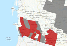 カナダ環境省がバンクーバーを含むBC州の広範囲に高温警報発令 2023年8月13日に高温警報が出された地域。Image from Environment Canada website