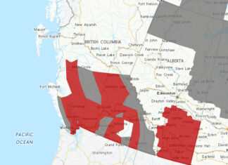 カナダ環境省がバンクーバーを含むBC州の広範囲に高温警報発令 2023年8月13日に高温警報が出された地域。Image from Environment Canada website