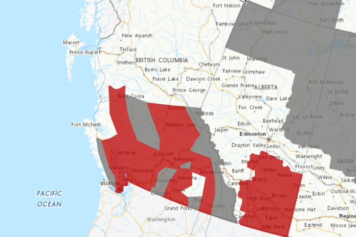 2023年8月13日に高温警報が出された地域。Image from Environment Canada website