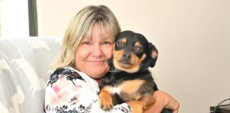 バンクーバーの動物福祉を考える(後編)「BC SPCAを北米最大の動物保護施設に成長させた成功秘話」 代表Jodiさん、取材が終わるのを辛抱強く待っていてくれた愛犬のBiggieと一緒に。2023年8月21日、BC SPCA Vancouver。Photo by ©Koichi Saito