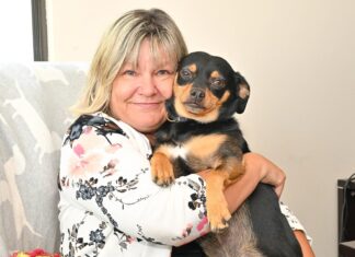 バンクーバーの動物福祉を考える(後編)「BC SPCAを北米最大の動物保護施設に成長させた成功秘話」 代表Jodiさん、取材が終わるのを辛抱強く待っていてくれた愛犬のBiggieと一緒に。2023年8月21日、BC SPCA Vancouver。Photo by ©Koichi Saito