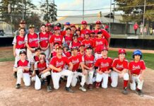 朝日チームU13、カムループスで開催の野球トーナメントに参加 大会運営チームのBLEのチームと試合後交流写真。2023年10月8日、カムループス市。写真:Asahi Baseball Association