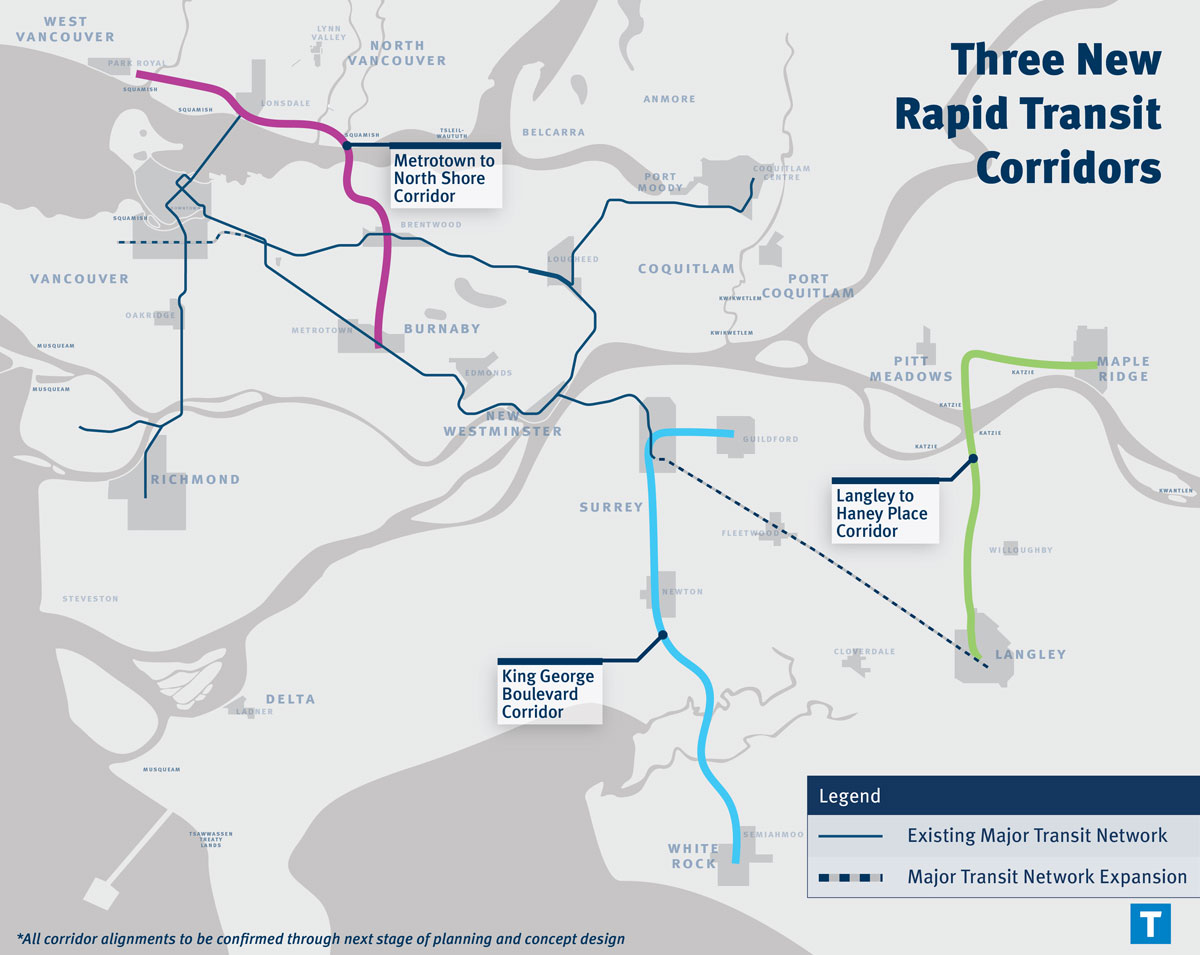 トランスリンクが発表したBus Rapid Transit（BRT）新3路線。Map from Translink