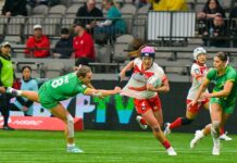 今年もバンクーバーで7人制ラグビー「カナダセブンズ」21日開幕、日本代表は男女とも出場 カナダセブンズ3日目、9位決定戦。日本対アイルランド。2024年2月25日、BCプレース・バンクーバー。Photo by Koichi Saito