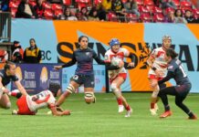 カナダセブンズ2024開幕、女子日本代表強豪相手に接戦 女子日本代表キャプテン平野優芽選手。アメリカ戦。2024年2月23日、BCプレース。Photo by Koichi Saito