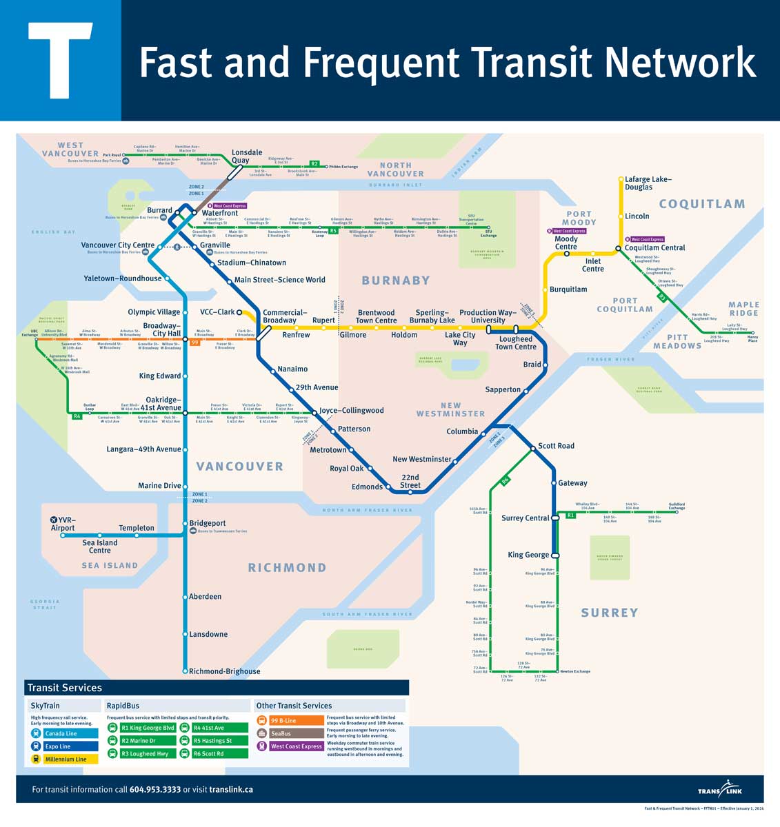 トランスリンクのスカイトレインとシーバス、快速バスの路線図（トランスリンクのホームページから）