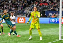 MLS日本人3選手がバンクーバーで対決、西のトップ争いはギャラクシーに軍配 好セーブを見せ前半を無失点に抑えたGK高丘。LAギャラクシー戦。2024年4月13日、BCプレース。Photo by Koichi Saito/Japan Canada Today
