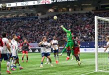 ホワイトキャップス快勝、GK高丘は50試合先発出場にクリーンシートで自ら花を添える 随所に好セーブを見せるGK高丘。トロントFC戦。2024年4月6日、BCプレース。Photo by Koichi Saito/Japan Canada Today