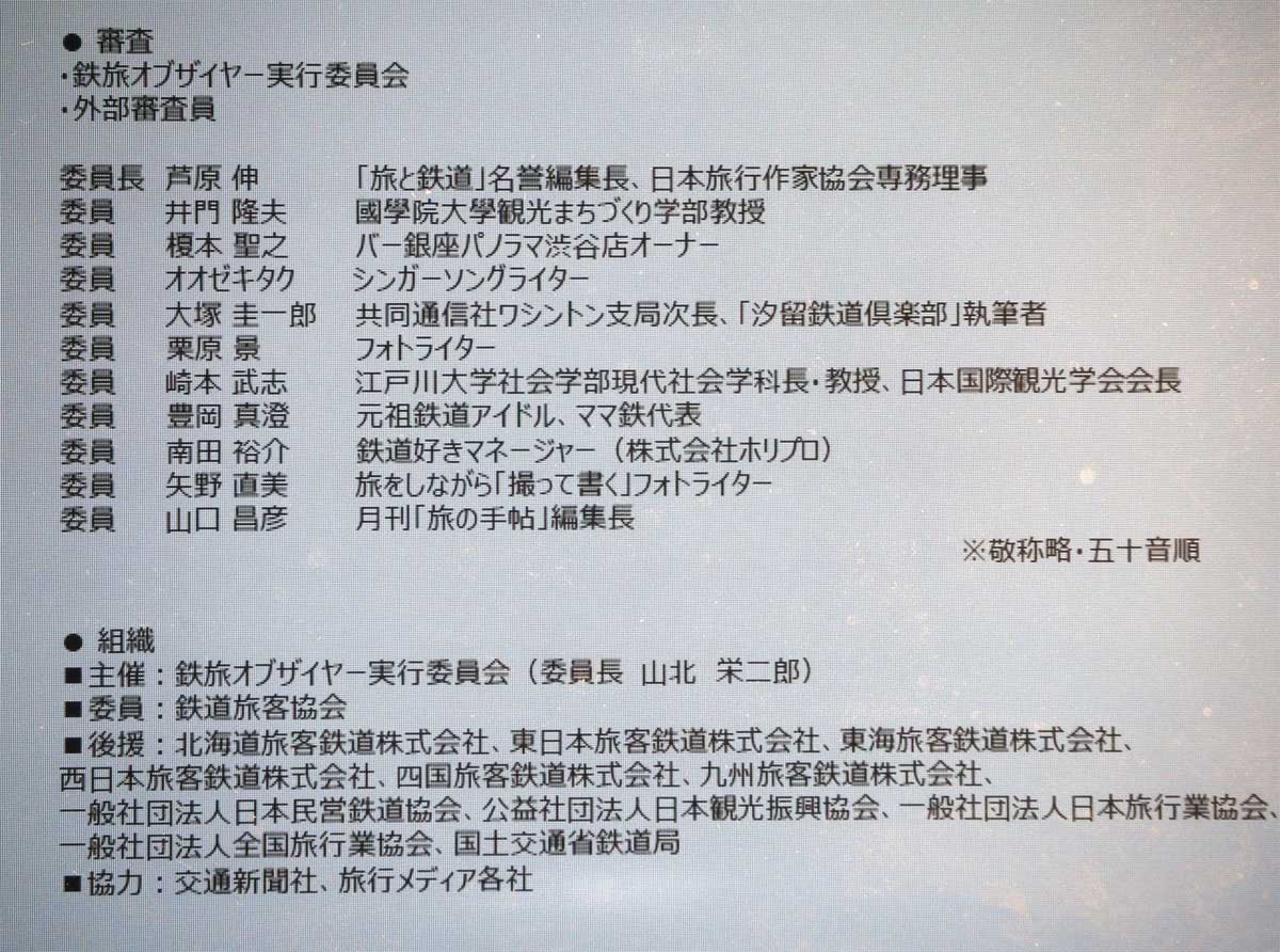 鉄旅オブザイヤーの授賞式で紹介された審査と組織の概要