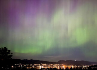 バンクーバーでもオーロラ観測 2024年5月10日午後11時頃、バンクーバー市ジェリコビーチ。写真撮影・提供 吉武真理さん