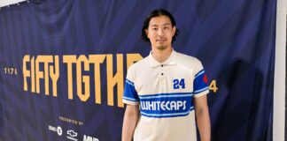 「バンクーバー・ホワイトキャップス3年目、さらに上を目指して」GK高丘陽平選手インタビュー 試合後のインタビューの後に、高丘選手、懐かしいユニフォームデザインで。2024年5月4日、BCプレース。Photo by Koichi Saito/Japan Canada Today