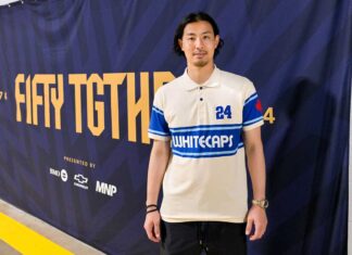 「バンクーバー・ホワイトキャップス3年目、さらに上を目指して」GK高丘陽平選手インタビュー 試合後のインタビューの後に、高丘選手、懐かしいユニフォームデザインで。2024年5月4日、BCプレース。Photo by Koichi Saito/Japan Canada Today