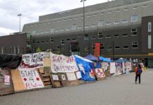 UBCで親パレスチナ派が交差点を占拠、1人が逮捕される ブリティッシュコロンビア大学(UBC)構内で親パレスチナ派抗議キャンプが設置される。2024年5月4日。Photo by Japan Canada Today