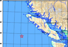 バンクーバー島の沖合でM6.4を含む地震4回発生 地震が発生した地点を示す地図。From Earthquake Canada