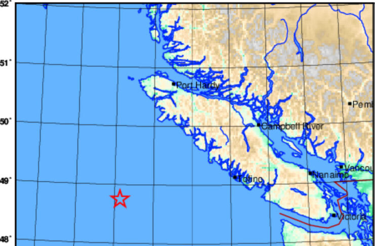 バンクーバー島の沖合でM6.4を含む地震4回発生 地震が発生した地点を示す地図。From Earthquake Canada
