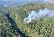 山火事防止に向けてBC州内でのキャンプファイアー禁止に ピーチランド西4.5キロメートルにあるスプリングレイクの山火事(K50842 )7月10日B.C. Wildfire Service Xより。