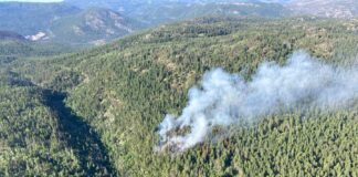 山火事防止に向けてBC州内でのキャンプファイアー禁止に ピーチランド西4.5キロメートルにあるスプリングレイクの山火事(K50842 )7月10日B.C. Wildfire Service Xより。