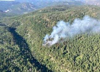 山火事防止に向けてBC州内でのキャンプファイアー禁止に ピーチランド西4.5キロメートルにあるスプリングレイクの山火事(K50842 )7月10日B.C. Wildfire Service Xより。