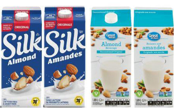 リコール対象商品の一部。植物性ミルクブランドSilkとGreat Value。Photo from Canadian Food inspection Agency website