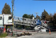 バンクーバー市が倒壊したクレーンの除去開始、全面復旧はレイバー・デーの見込み バンクーバー市41番アベニューに倒れるクレーン。写真:読者提供