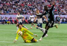 バンクーバー・ホワイトキャップス2025年シーズンがまもなく幕開け、ホーム開幕はLAギャラクシーと対戦 随所に好セーブを見せたGK高丘。2024年10月5日、BCプレース。Photo by Koichi Saito/Japan Canada Today