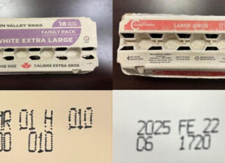 複数ブランドの卵をリコール、サルモネラ汚染の可能性 対象商品の一例。カナダ食品検査庁ウェブサイトより。