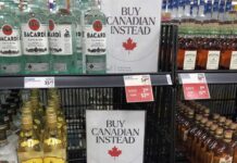 カナダ各州政府もトランプ関税への報復措置を発表、オンタリオやケベックでは送電停止も示唆 BCリカーの棚から消えた人気のアメリカ産種類。2025年2月2日。写真 読者提供