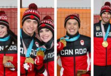 スケートカナダ2025殿堂入りにパトリック・チャンさん、バーチューさん・モイヤーさんら 左から、オズモンドさん、モイヤーさん・バーチューさん、チャンさん、ラドフォードさん・デュハメルさん。Photo from Skate Canada