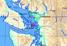 月曜日の早朝にバンクーバーで揺れ、ビクトリア沖でM4.1の地震発生 震源はブリティッシュ・コロンビア(BC)州との国境に近いアメリカ・ワシントン州のサンホワン島付近。Earthquake Canadaウェブサイトより。