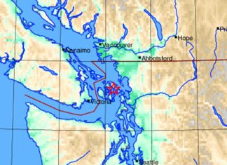 月曜日の早朝にバンクーバーで揺れ、ビクトリア沖でM4.1の地震発生 震源はブリティッシュ・コロンビア(BC)州との国境に近いアメリカ・ワシントン州のサンホワン島付近。Earthquake Canadaウェブサイトより。