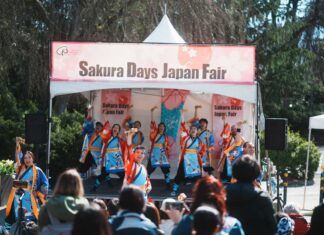 春の訪れを祝う2日間 さくらデイズ・ジャパンフェア 2025 華やかな衣装でよさこいを披露するAppare Yosakoi Vancouverのパフォーマーたち。2025年4月13日、バンクーバー市。Photo by Hirotomo Nijima