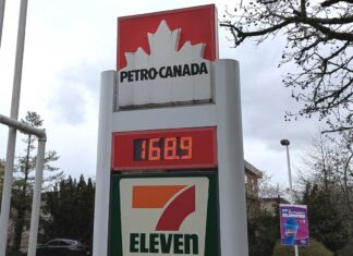 炭素税撤廃でカナダ全国でガソリン価格が下落、BC州でも大幅安に 2025年4月1日から炭素税が撤廃された後のガソリン価格。ブリティッシュ・コロンビア州ノース・バンクーバー市。2025年4月7日。撮影 日加トゥデイ