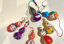 「『瓢箪から駒』を数える」ひょうたんアーティストあらぽんさんバンクーバーでワークショップ バンクーバーでのワークショップで参加者がデザインした色とりどりのひょうたん。クリスマスオーナメントとして作ったつわものも。2024年11月26日、バンクーバー市。写真提供:ウィトレッド太朗さん