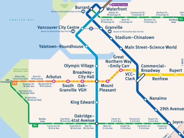 バンクーバー広域公共交通機関スカイトレインの延長路線と新設される6駅。Broadway Subway Projectサイトより