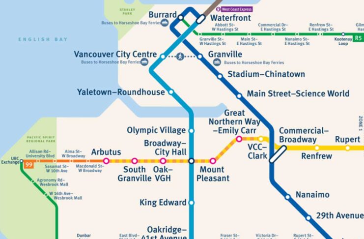 バンクーバー広域公共交通機関スカイトレイン、UBC途中駅アビュータスまで2027年秋に開通 バンクーバー広域公共交通機関スカイトレインの延長路線と新設される6駅。Broadway Subway Projectサイトより